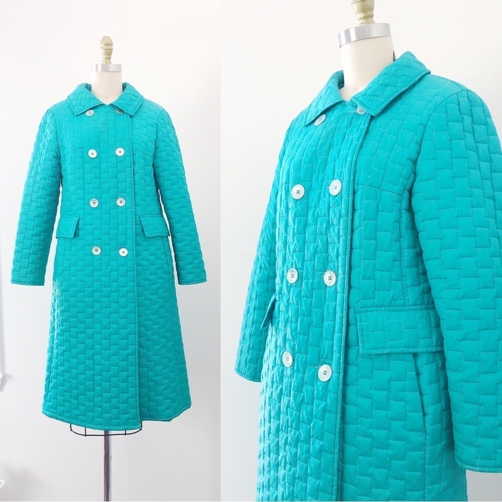 vintage • 60s teal quilted coat lightweight double breasted aqua turquoise